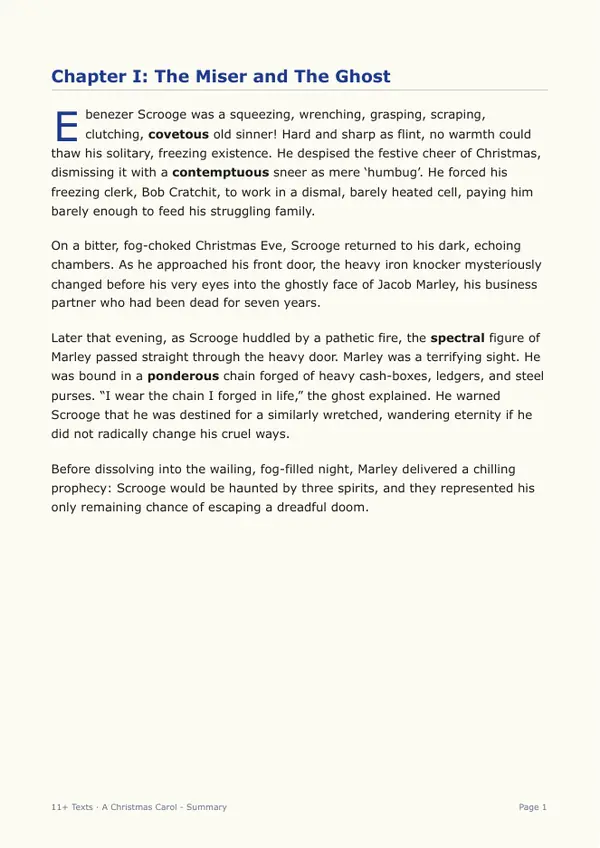 Sample page from the A Christmas Carol storybook, showing chapter one with bold vocabulary words