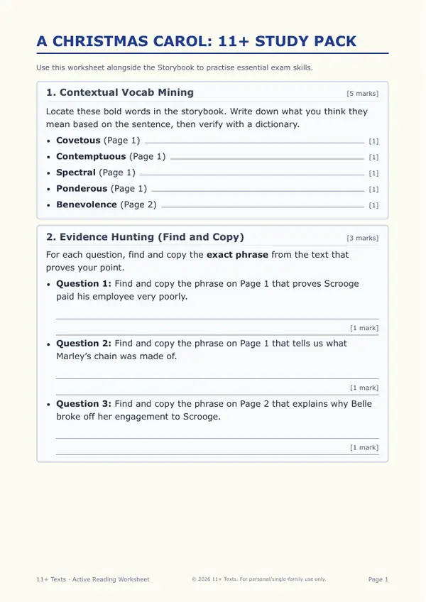 First page of the A Christmas Carol study pack, showing the vocabulary and evidence-hunting tasks