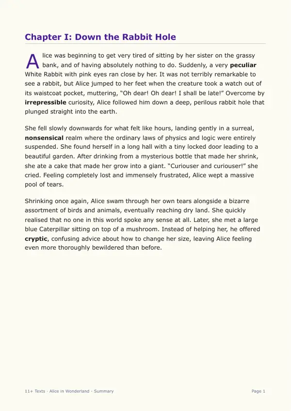 Sample page from the Alice in Wonderland storybook, showing chapter one with bold vocabulary words