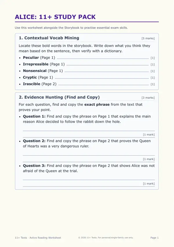 First page of the Alice in Wonderland study pack, showing the vocabulary and evidence-hunting tasks