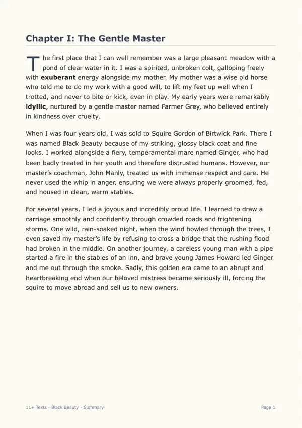 Sample page from the Black Beauty storybook, showing chapter one with bold vocabulary words