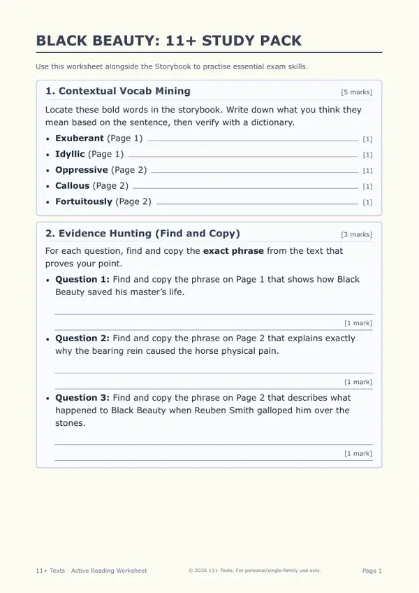 First page of the Black Beauty study pack, showing the vocabulary and evidence-hunting tasks