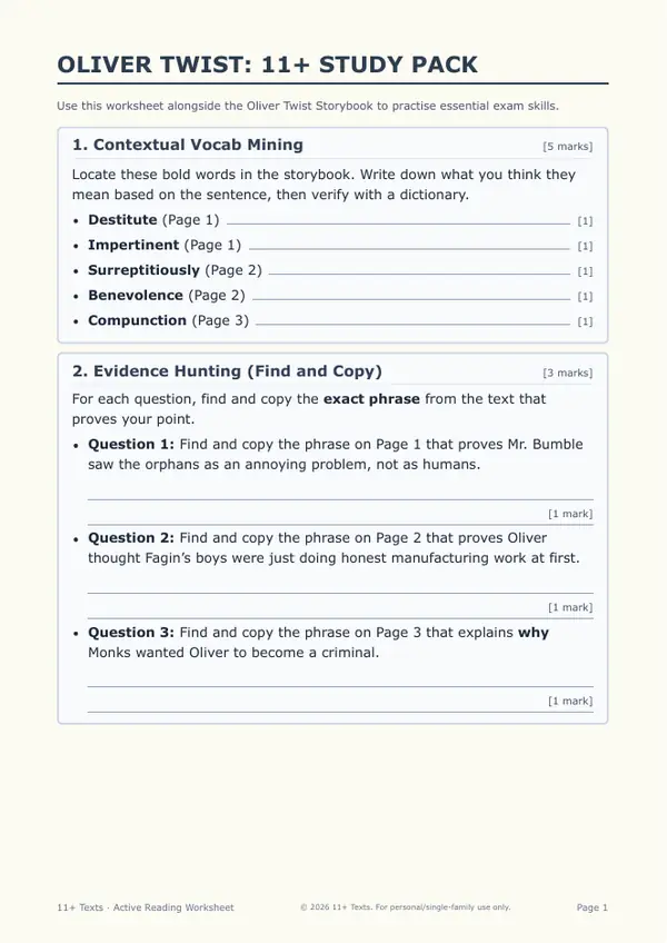 First page of the Oliver Twist study pack, showing the vocabulary and evidence-hunting tasks