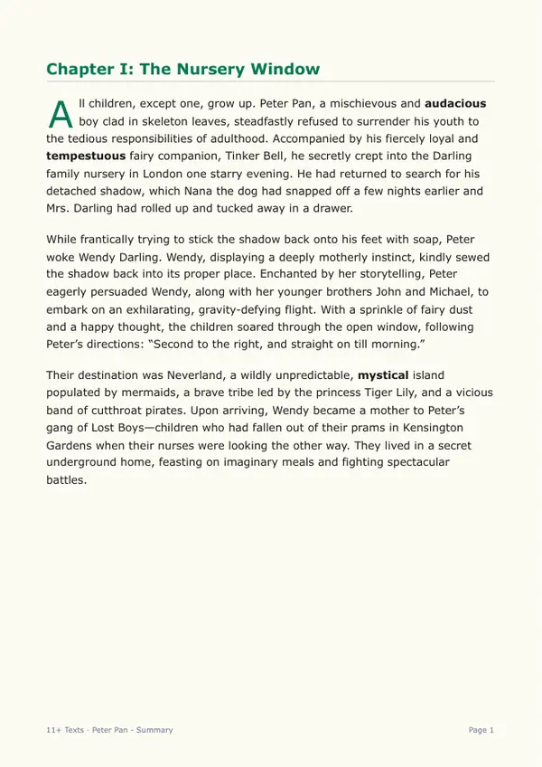 Sample page from the Peter Pan storybook, showing chapter one with bold vocabulary words