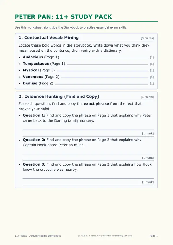 First page of the Peter Pan study pack, showing the vocabulary and evidence-hunting tasks