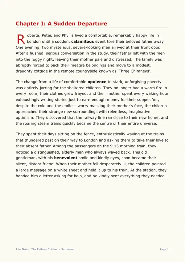 Sample page from the The Railway Children storybook, showing chapter one with bold vocabulary words