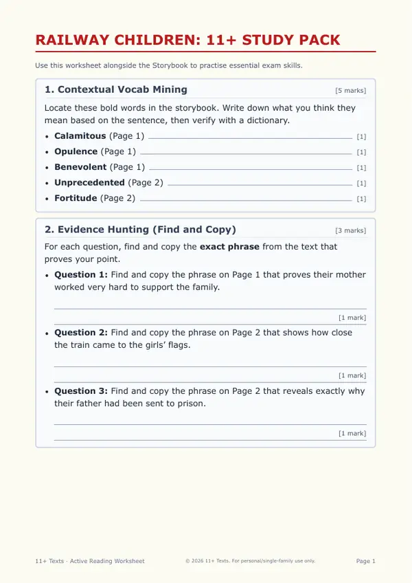 First page of the The Railway Children study pack, showing the vocabulary and evidence-hunting tasks