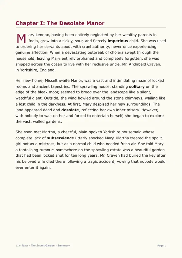 Sample page from the The Secret Garden storybook, showing chapter one with bold vocabulary words