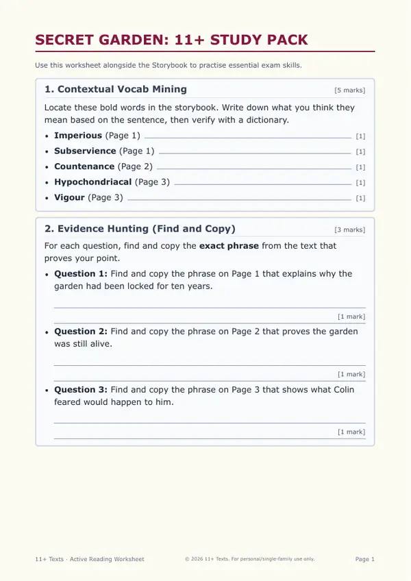 First page of the The Secret Garden study pack, showing the vocabulary and evidence-hunting tasks