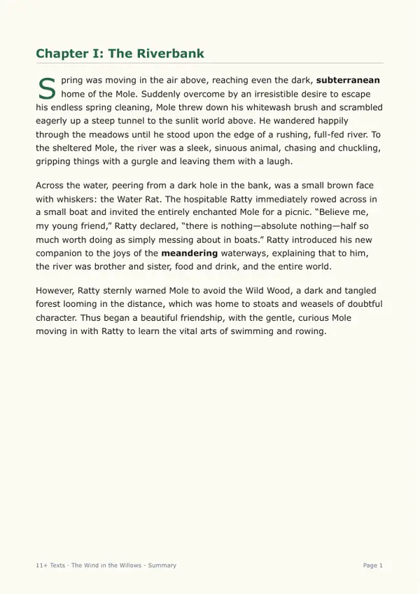 Sample page from the The Wind in the Willows storybook, showing chapter one with bold vocabulary words