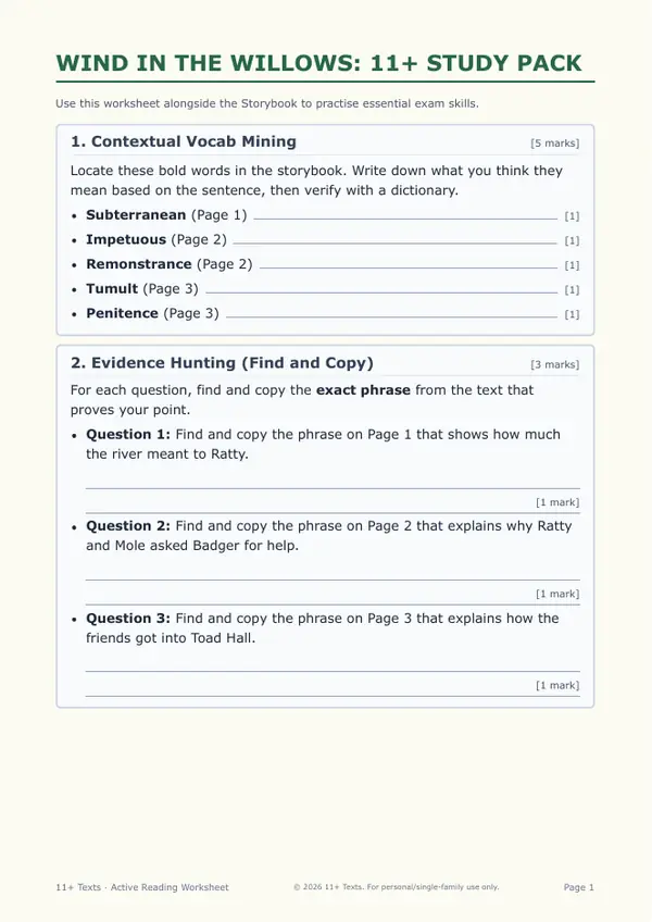 First page of the The Wind in the Willows study pack, showing the vocabulary and evidence-hunting tasks